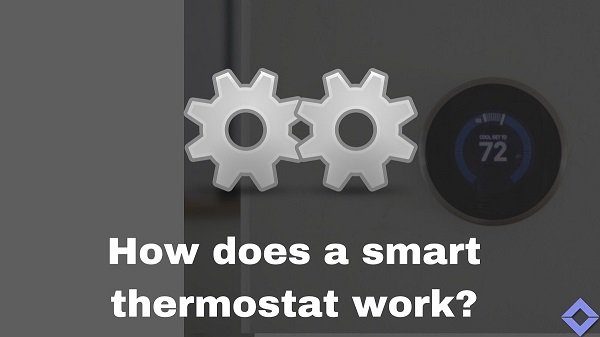 2 gears and thermostat in background with text - how does a smart thermostat work